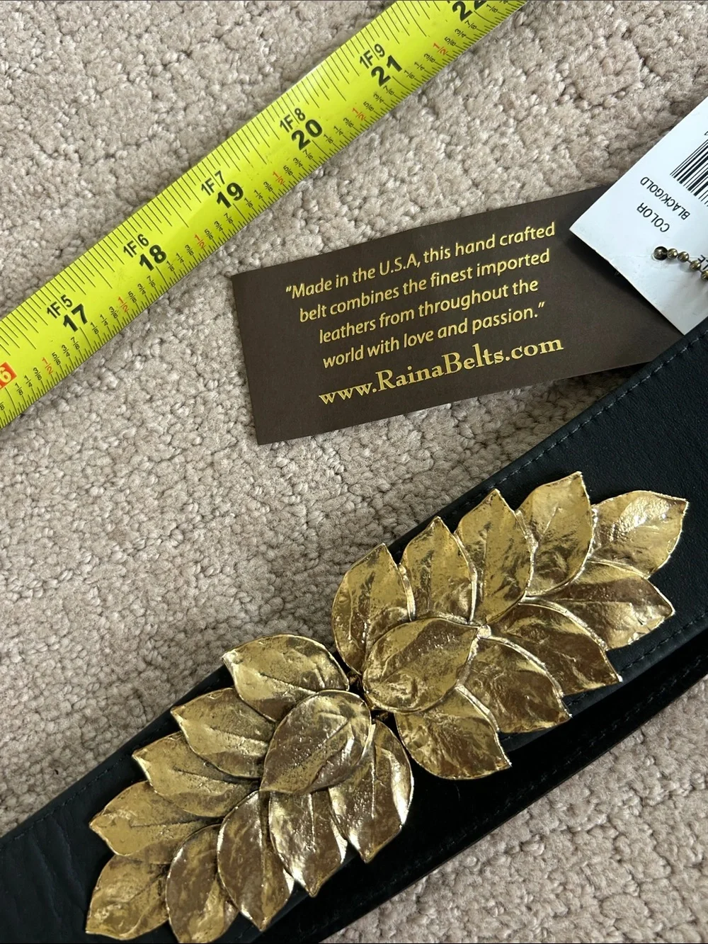Black Elastic Waist Belt with Gold Leaf Detail